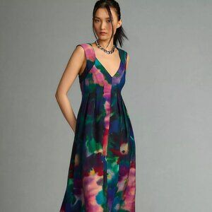 Anthropologie Watercolor Colorful Spring Summer V-Neck Pleated A-Line Dress Sz S